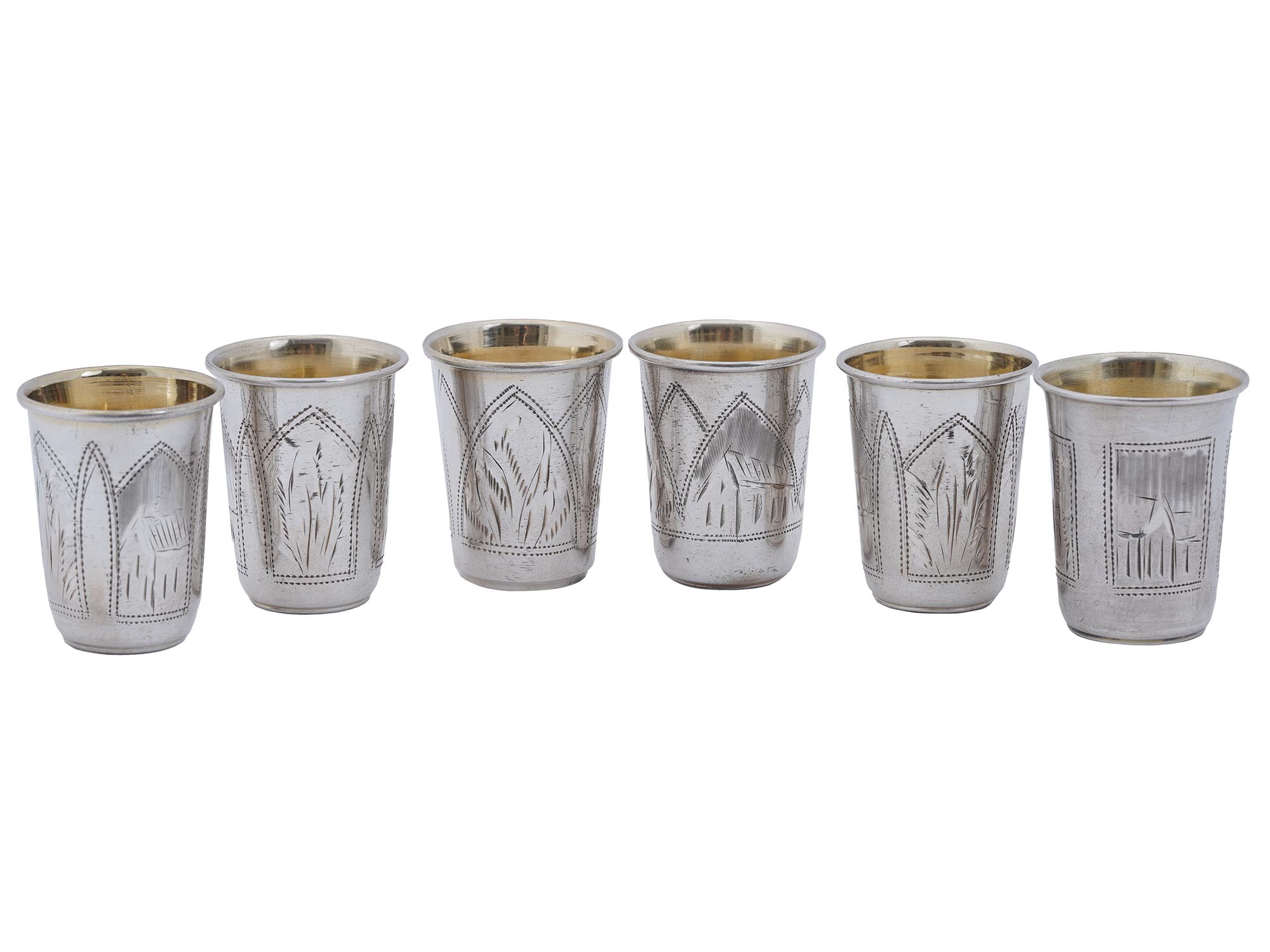 RUSSIAN ENGRAVED GILT SILVER VODKA CUPS, 6 PCS PIC-